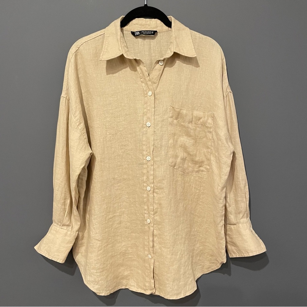 Zara Women's Small 100% Linen Tan Cream Long Sleeve Button Up Work Shirt